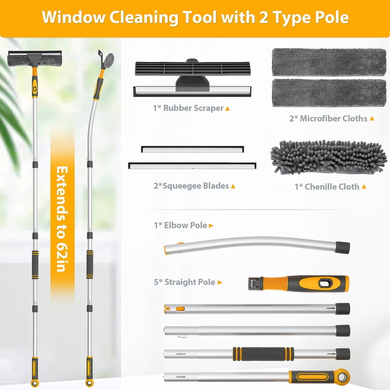 Eazer 2-in-1 Window Squeegee Cleaner With 62 Inch Extendable Pole - Streak Free Window & Glass Cleaning Kit