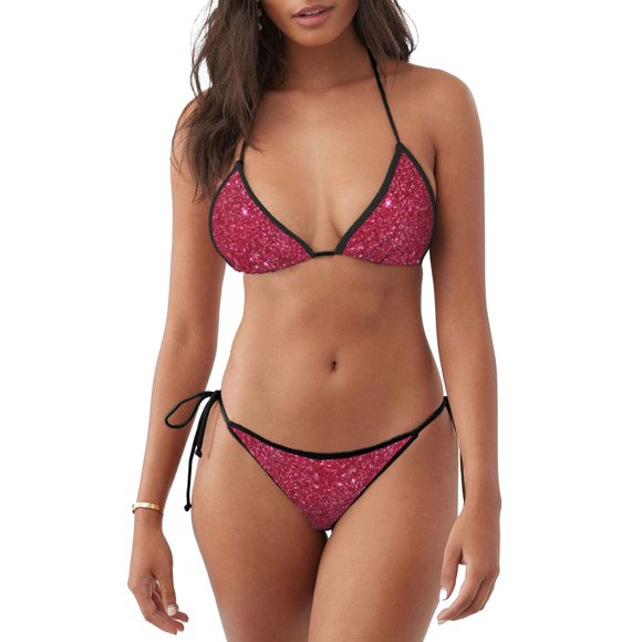 Lsque Red Glitter Pattern Women Two Piece Swimsuit Sexy Swimwear Halter String Triangle Bikini Sets