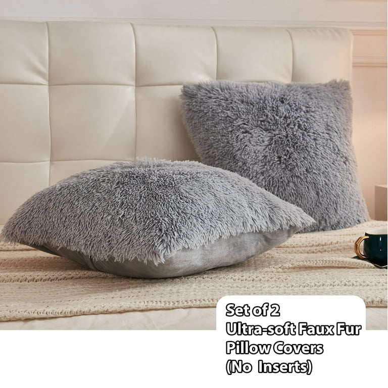 LIFEREVO 2 Pack Grey Shaggy Plush Faux Fur Throw Pillow Covers,Fuzzy Decorative  Pillow Case,Luxury Square Soft Cushion Case for Sofa Bedroom Car(Gray,18x18)  