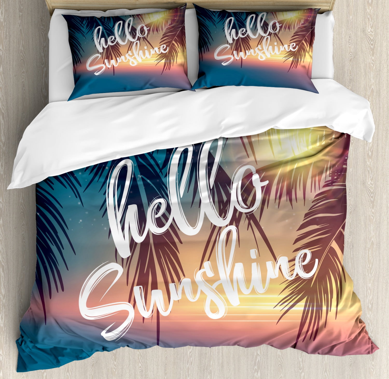 Hello Sunshine Duvet Cover Set Queen Size, Dreamy Tropical Beach with