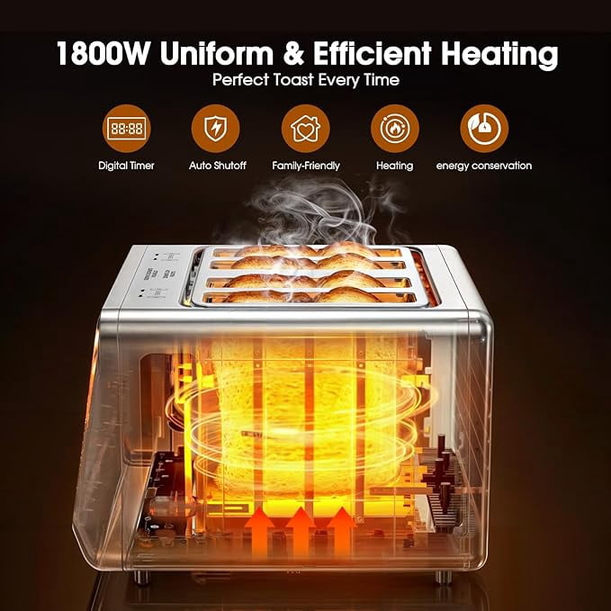 Toaster 4 Slice, Digital Smart Toaster With TouchScreen, Dual Control Panel, Single Slot Toasting, Timer, Reheat & Defrost For Bagels, Bread, Waffles, Stainless Steel Kitchen Essentials