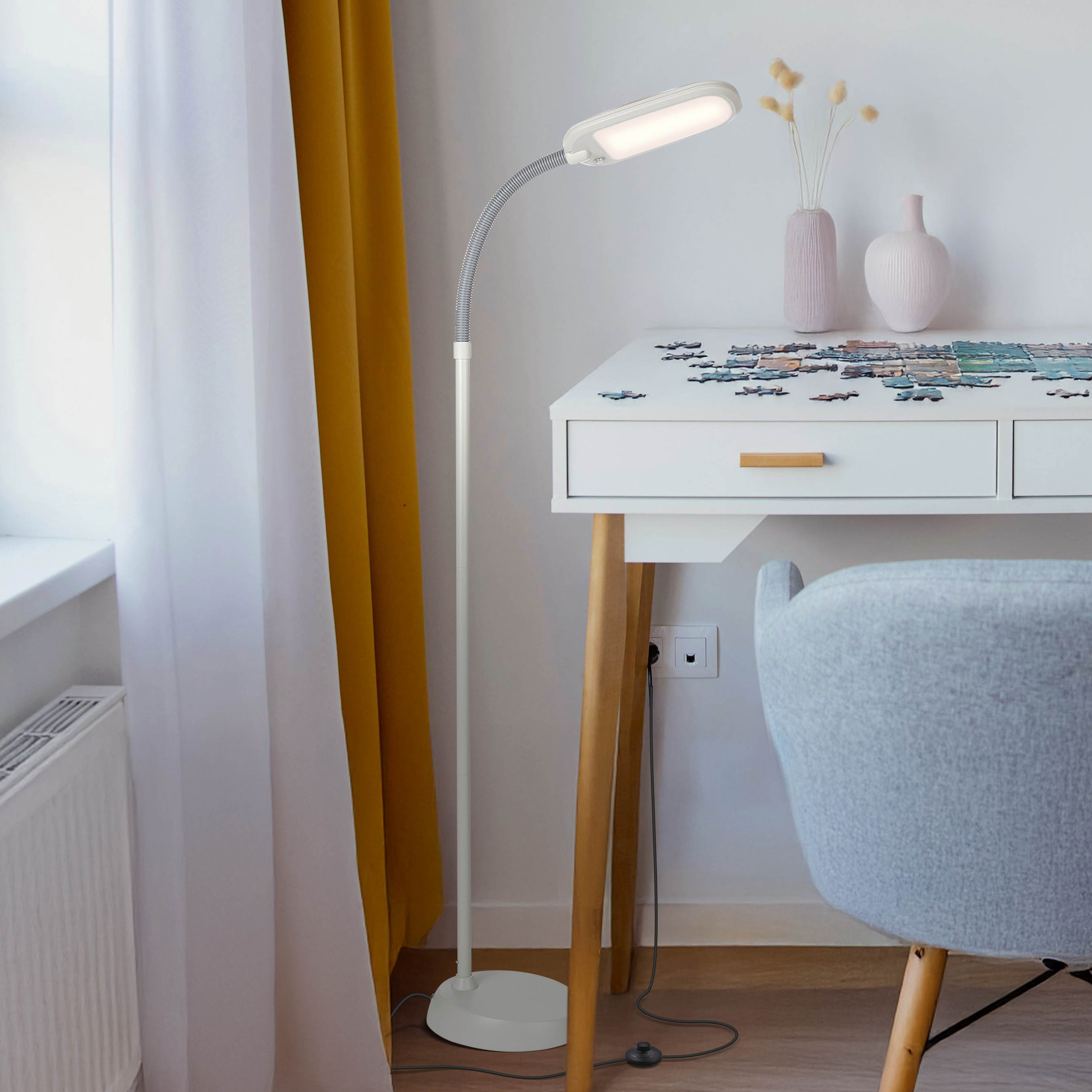 Brightech Litespan Slim LED Lamp, Modern Floor Reading Lamp Over Chair for Living Rooms & Offices, Tall Lamp with Adjustable Gooseneck, Crafts Work Light, Dimmable Standing Lamp for Bedroom - White