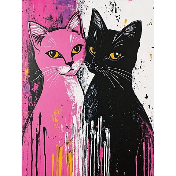 Pink and Black Cats Decorative Painting/Canvas Art， Suitable for Living Room， Bedroom， Kitchen， Office，Cafe and Bar Decoration.
