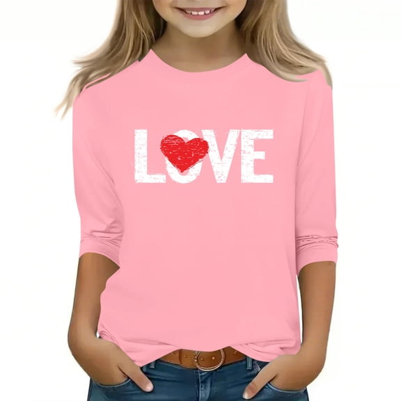 Bpmpbo Girls' 3/4 Sleeve Letter Heart Print T-Shirt Cute Casual Loose Fit Round Neck Pullover Everyday Graphic Top for Big Kids