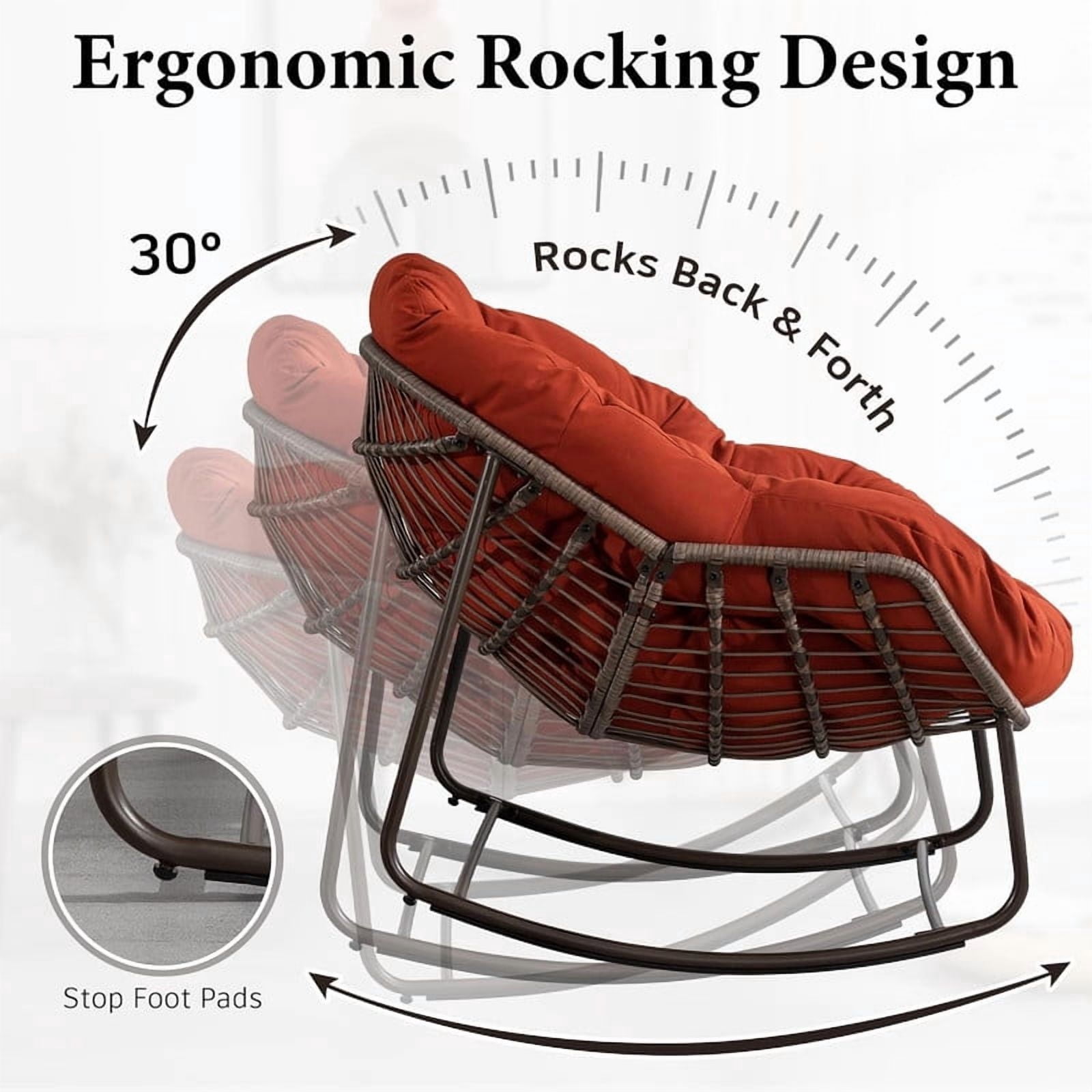 Outdoor Rattan Rocking Chair, Rocking Papasan Chair with Thick Cushion, Comfy Wicker Egg Chairs Lounge Recliner Chair, Padded Cushion Rocker