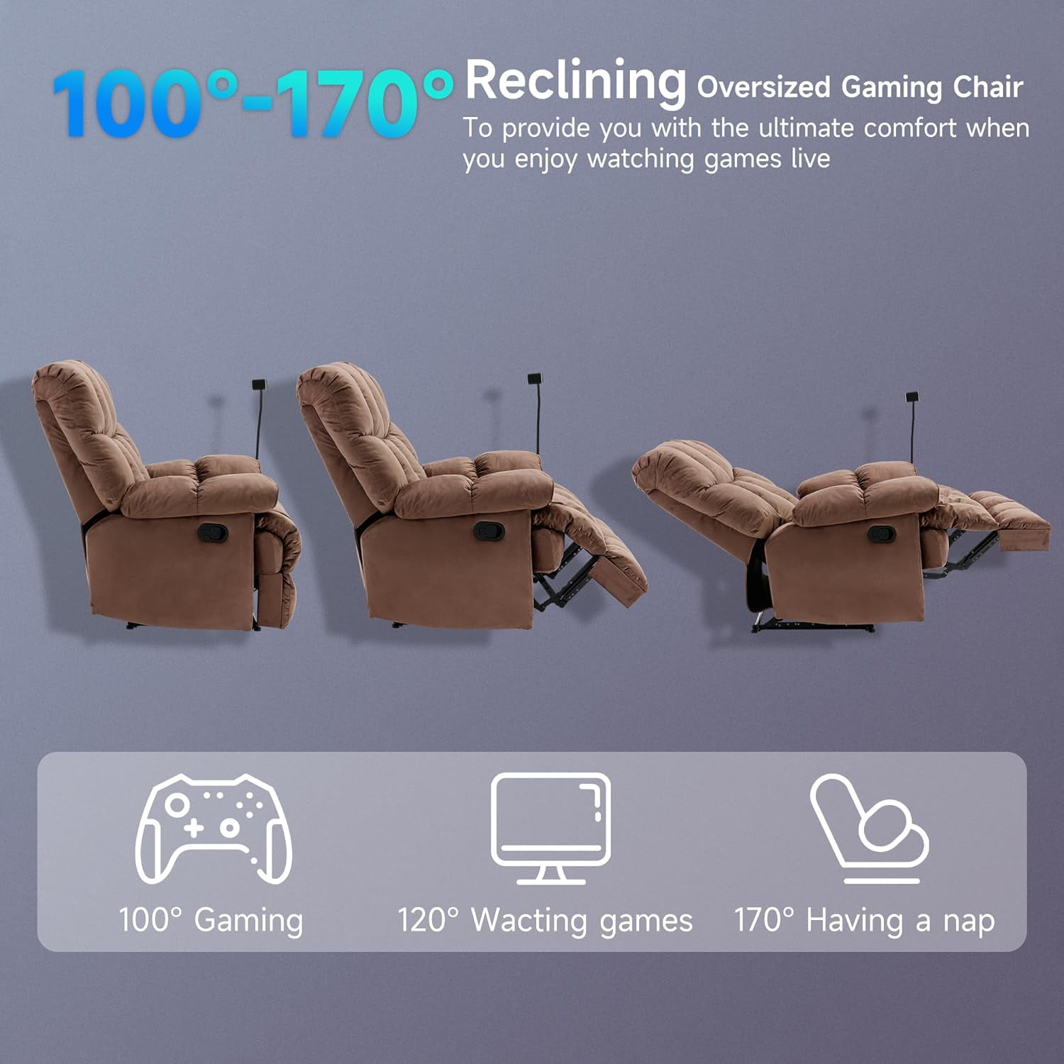 Oversized Recliner Chair 350 lb Weight Capacity, Home Oversized Velvet Manual Chair Recliner Overstuffed Arms and Back for Home Theater Living Room Brown