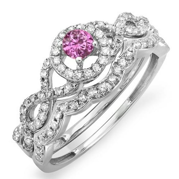 Dazzlingrock Collection 18K Round Pink Sapphire & White Diamond Halo Style Bridal Engagement Ring Set, White Gold, Size 8.5