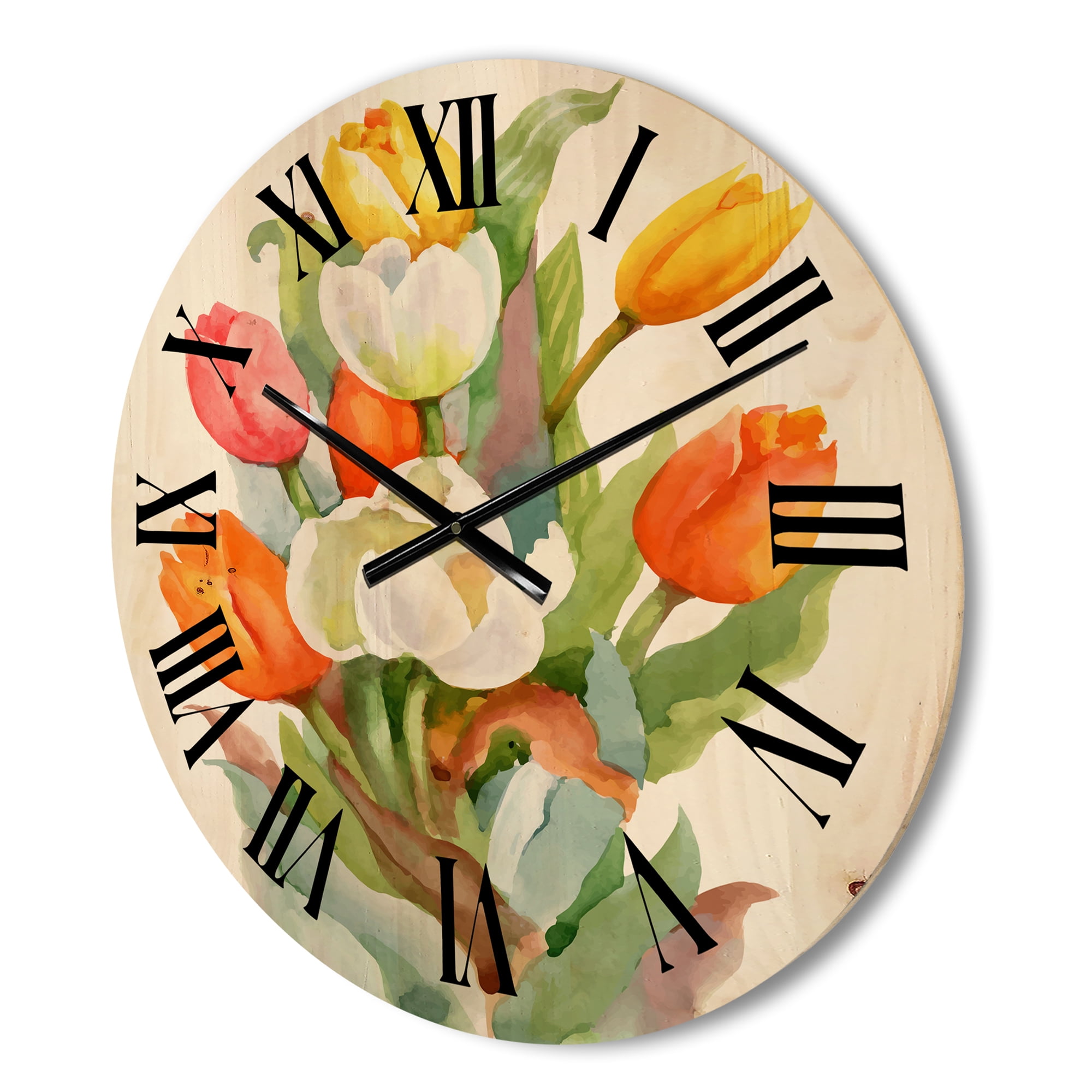 Designart 'Blooming Orange and White Tulips Flower' Traditional Wood Wall Clock