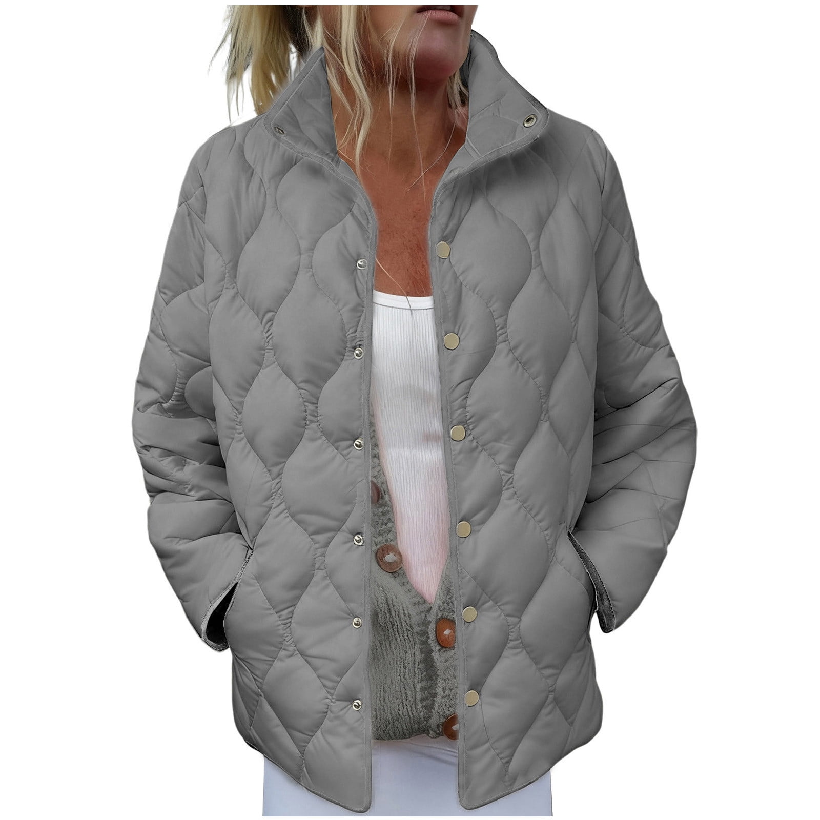 Women Quilted Down Jackets - Lightweight Snap Front Collared Winter Puffer Coats with Pockets Casual Travel Padded Fall Jackets Outerwear