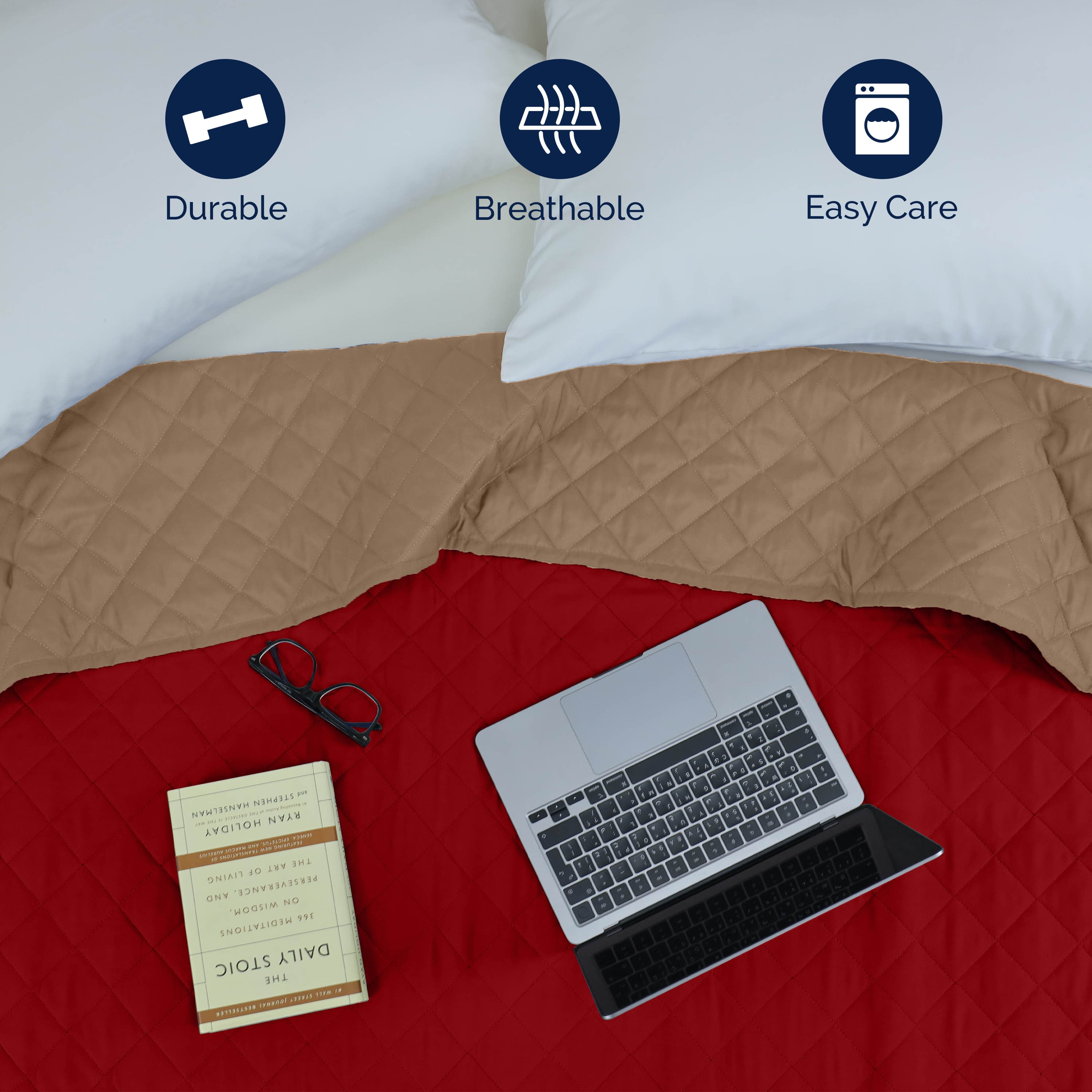 Martex Reversible Microfiber Twin Coverlet, Soft Lightweight Bedding, Khaki/Red