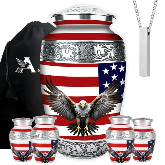 Set of 6 American Flag Cremation Urns – Includes 1 Large Funeral Urn for Adult Ashes, 4 Keepsake Urns & 1 Memorial Necklace, Handcrafted in India