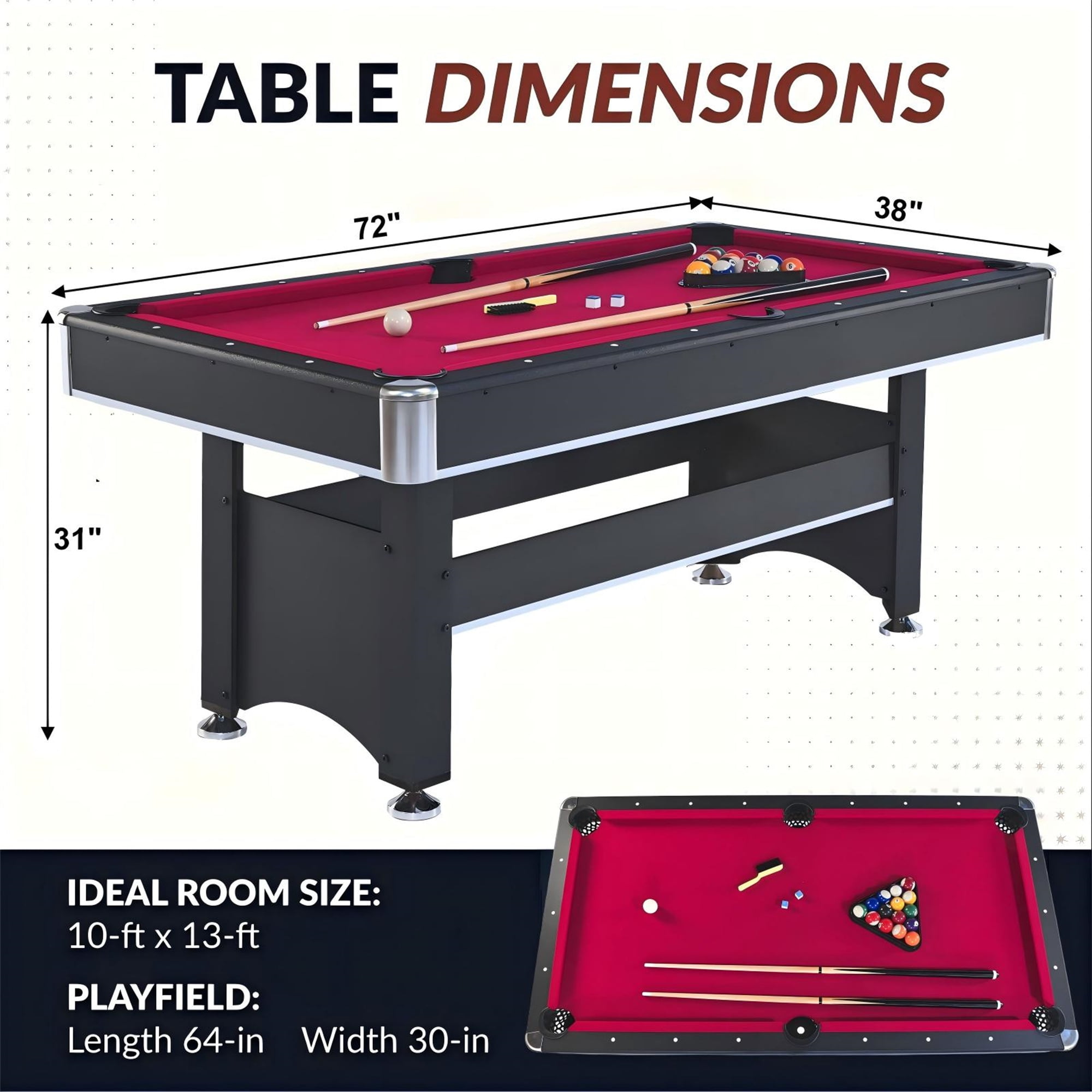 Aukfa 6 ft Pool Table, 2 in 1 Billiard Table with Ping Pong Table - Includes Billiard Balls, Cues, Paddles, Brush & More, Red