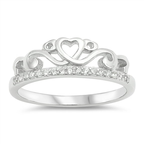 Clear CZ Filigree Wave Heart Tiara Princess Ring Sterling Silver Band White 925 Female Size 7