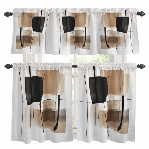 Brown Black Abstract Art Kitchen Curtains Sets for Windows 24 Inch Length, Luxury Geometric Modern Art Rod Pocket Window Treatments Tier Curtains and Valances Set for Bedroom/Bathroom
