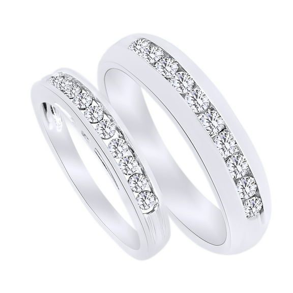 Round Cut White Natural Diamond His and Hers Wedding Band Ring Set in 14k White Gold (0.75 Cttw)