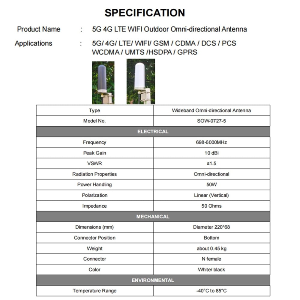 Omni Directional Outdoor 4G 5G LTE Antenna with Higher Gain Longer Range, 10dBi Reception Range