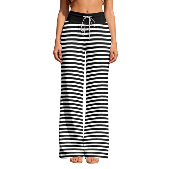 Casual Pants for Women Fashion Striped Print Loose Fit Trousers with Elastic Waist Black L