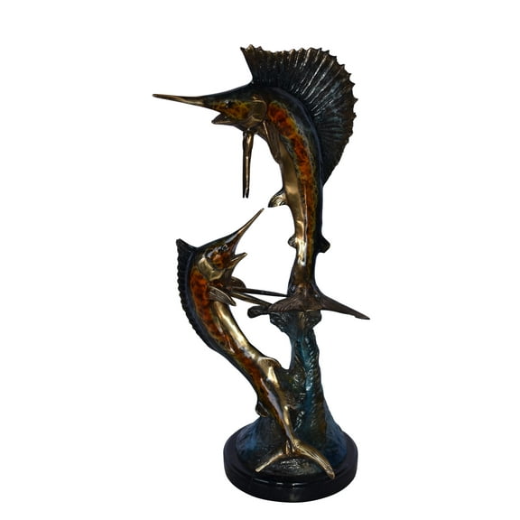 Two Swordfish Swimming in The Ocean Bronze Statue - Size: 11"L x 10"W x 22"H.