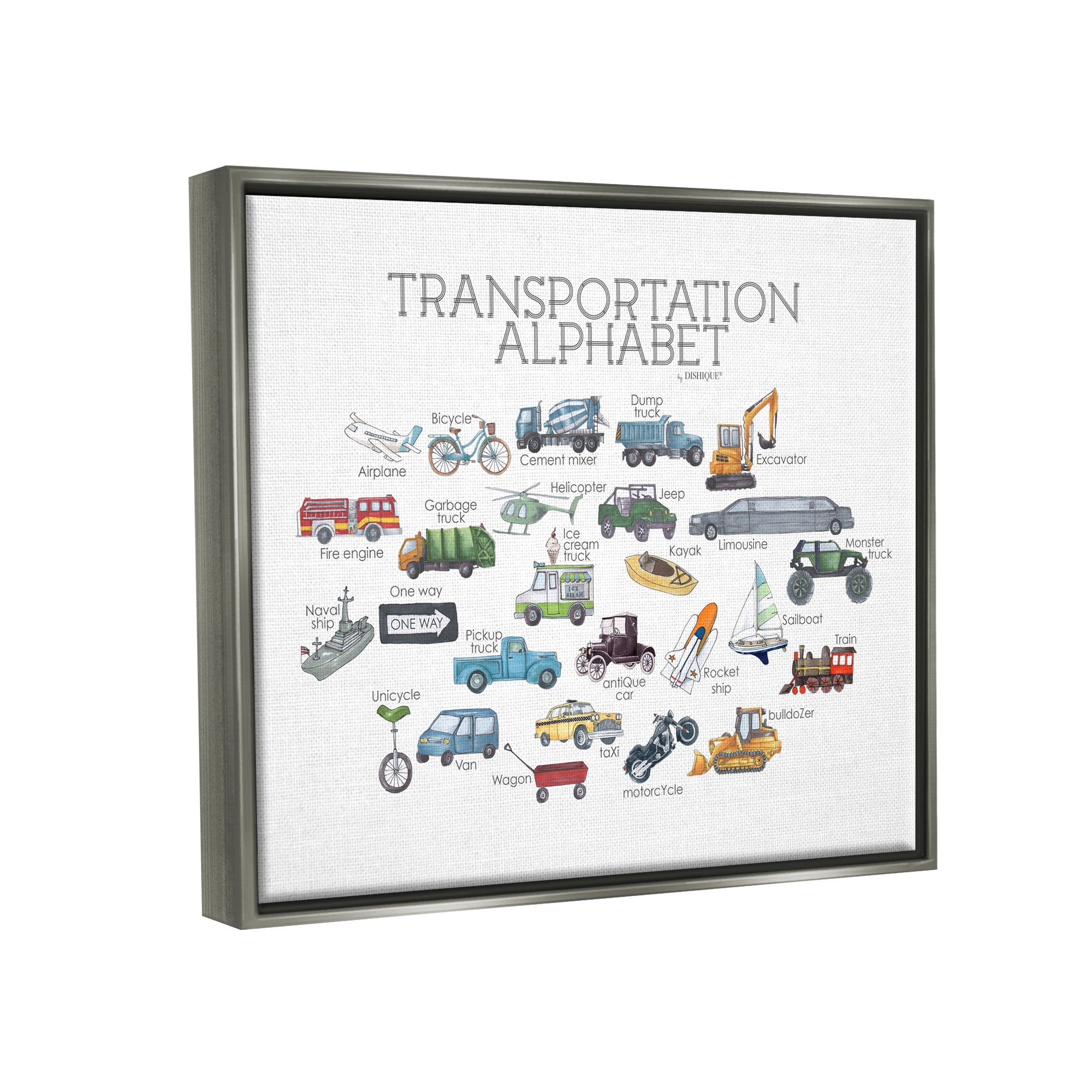 Stupell Industries Educational Transportation Alphabet Kids Learning Vehicles Cars Graphic Art Luster Gray Floating Framed Canvas Print Wall Art, Design by Dishique