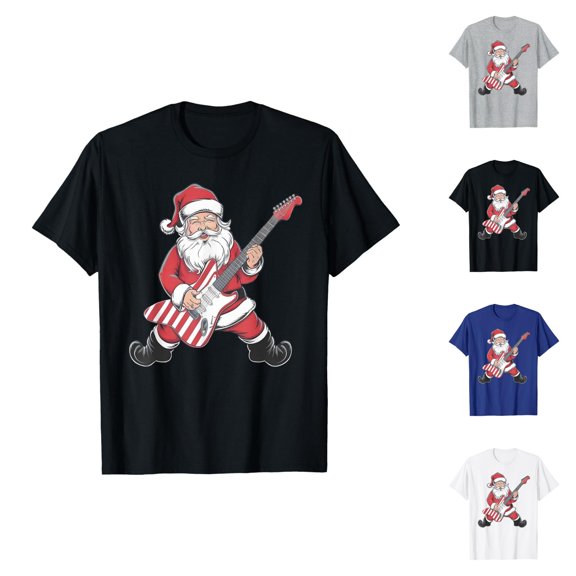 Christmas Tshirts Women Short Sleeve Casual Crewneck Funny Santa Claus Playing The Guitar Graphic Tee Shirt Holiday Tops