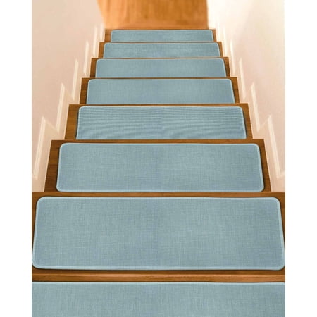 Vintage Haze Blue Stair Treads for Wooden Steps Indoor Runner Rug Carpet Farmhouse Retro Solid Color Linen Texture 4 Pieces Peel and Stick Staircase Step Treads Covers Washable Throw Door Mats 30 x8