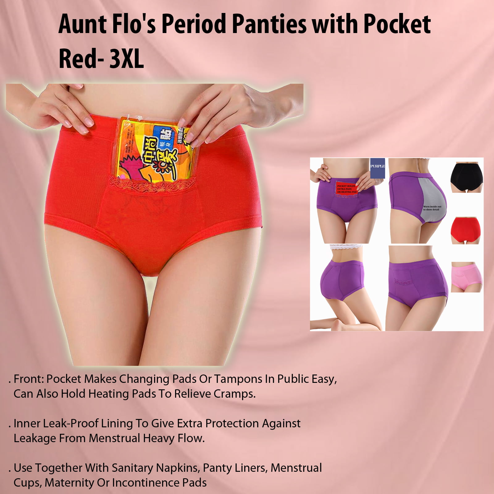 Code Red CODE RED Period Panties for Women with Pocket- Red- 3XL