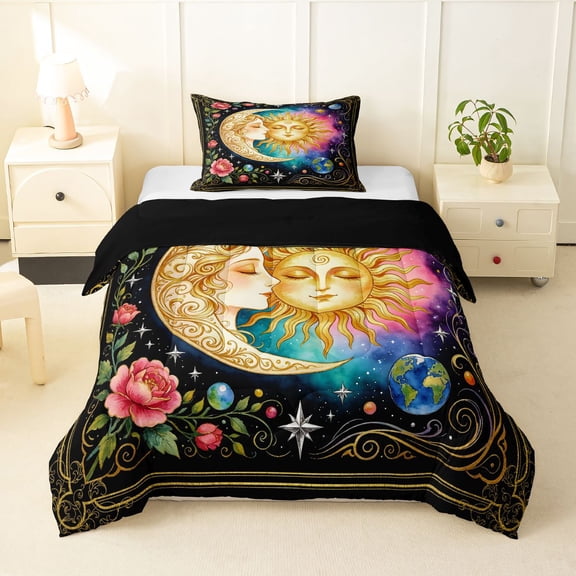 Homewish Boho Sun Moon Twin Comforter Sets,Pink Purple Teal Gradient Galaxy Bedding Set,Black Reversible,2 Pieces,1 Comforter and 1 Pillowcase