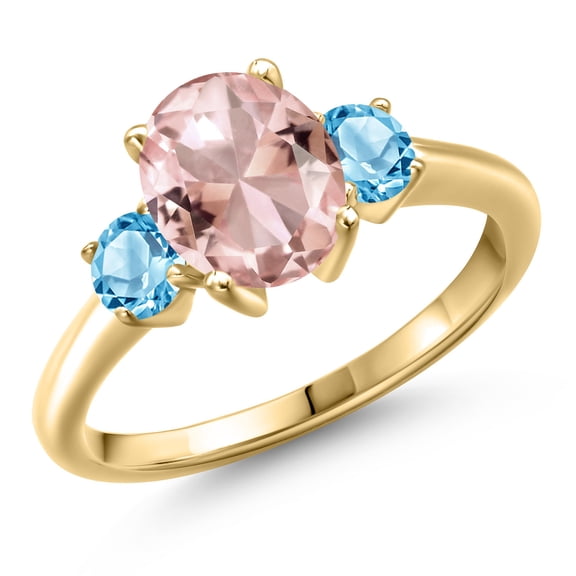 Gem Stone King 10K Yellow Gold Peach Nano Morganite and Swiss Blue Topaz Engagement Ring for Women | 2.71 Cttw | Oval 9X7MM | Gemstone October Birthstone | Size 5
