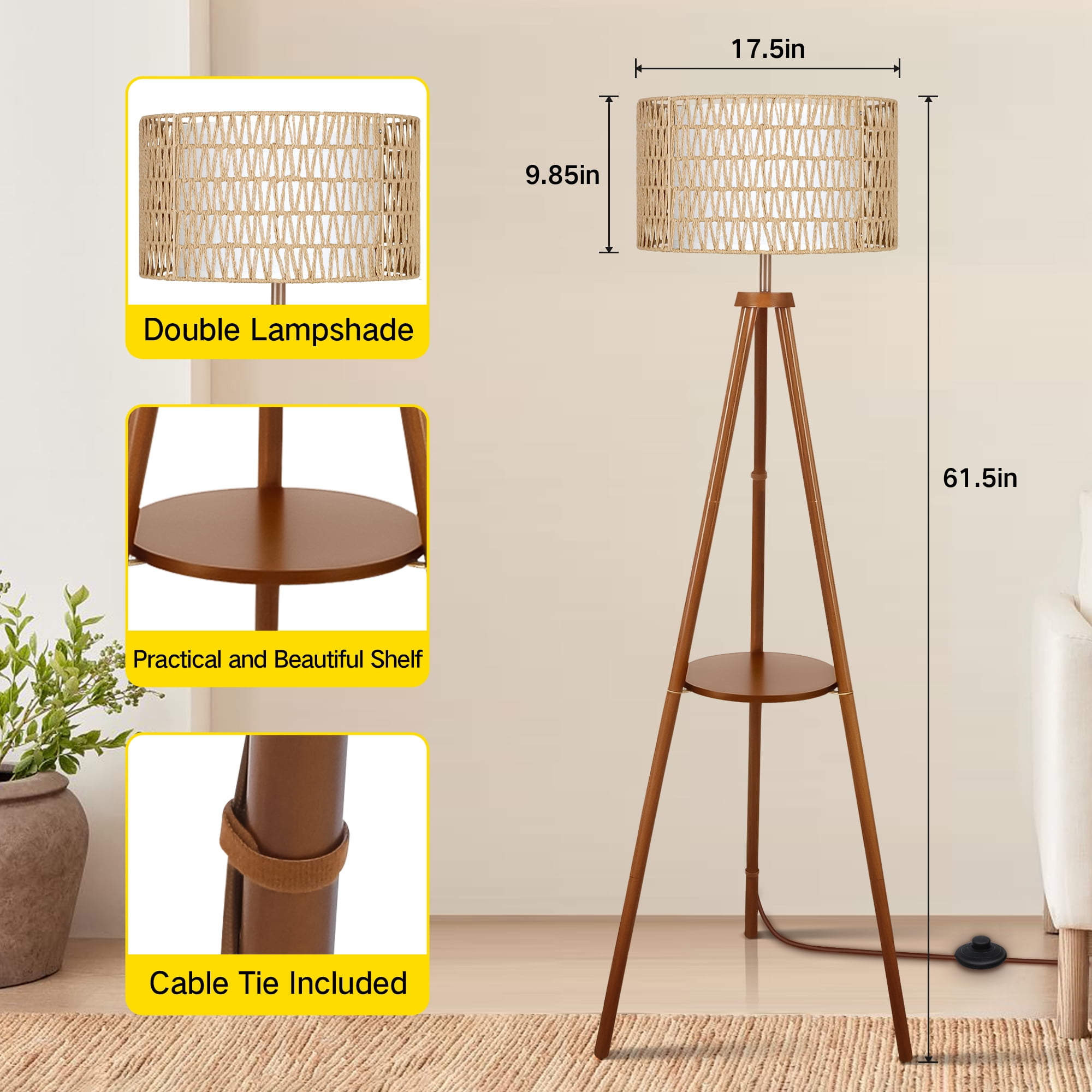 OUTON Boho Rattan Tripod Floor Lamp with Shelves, Dimmable Standing Lamp with Remote Control,Wood Tall Floor Lamps for Living Room Bedroom Office Farmhouse, Walnut