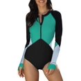 thumbnail image 1 of Womens Color Block Print One Piece Swimsuit Zip Front Long Sleeve Rash Guard Surfing Swimsuit Swimwear, 1 of 6