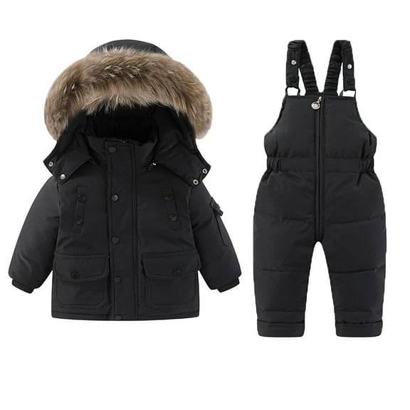 Ski Suit Kids Snowsuit Boys Girls Snowboard Suit Ski Jumpsuits Coveralls Waterproof Windproof Boys Girls Fashion Solid Color Down Jackets Keep Thickening Warm Outdoor Coat Jumpsuit Set Black 2 Years