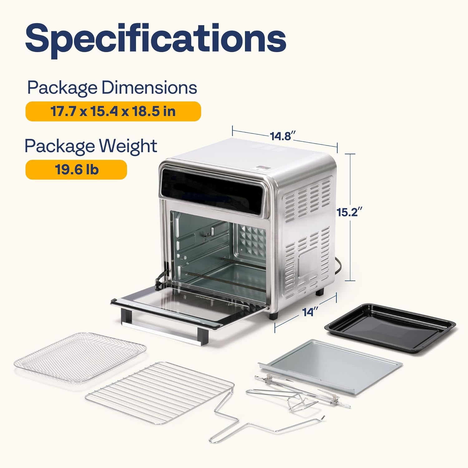 SPECSTAR 21 Qt Air Fryer Toaster Oven Combo, 8-in-1 Convection Oven Countertop with Rotisserie and Dehydrator, Stainless Steel Digital Air Fryer Oven with 7 Accessories, 1800W