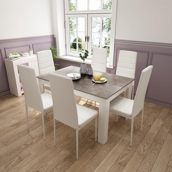 Dining Table and Chairs Set 6, 7 Pieces Kitchen Table Set with High Back Faux Leather Chair for Dining Room Kitchen Rectangular Modern (Grey)