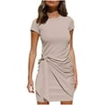 thumbnail image 2 of Summer Saving Wycnly Womens Dresses Casual Solid Tie Waist Basic Ruched Bodycon Wrap Short Dresses Summer Plain Round Neck Short Sleeve Formal Mini Dress Beige XXL, 2 of 7