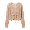 thumbnail image 3 of ZGRBOU Womens Boho Off Shoulder Sheer Tops Long Sleeve Crochet V Neck Pullover Shirts Drawstring Hem Swimsuit Cover Up, 3 of 6