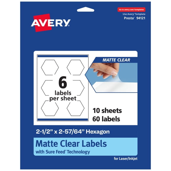 Avery Matte Clear Hexagon Labels, 2-1/2" x 2-57/64", 60 Total