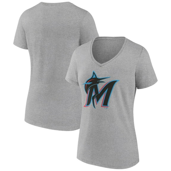 Women's Gray Miami Marlins Official Logo V-Neck T-Shirt