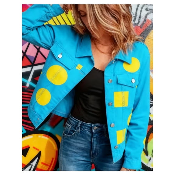 Women Cropped Button Down Fashion Jacket, Print Long Sleeve Casual Outerwear, Versatile Short Coat for Daily Going‑Out