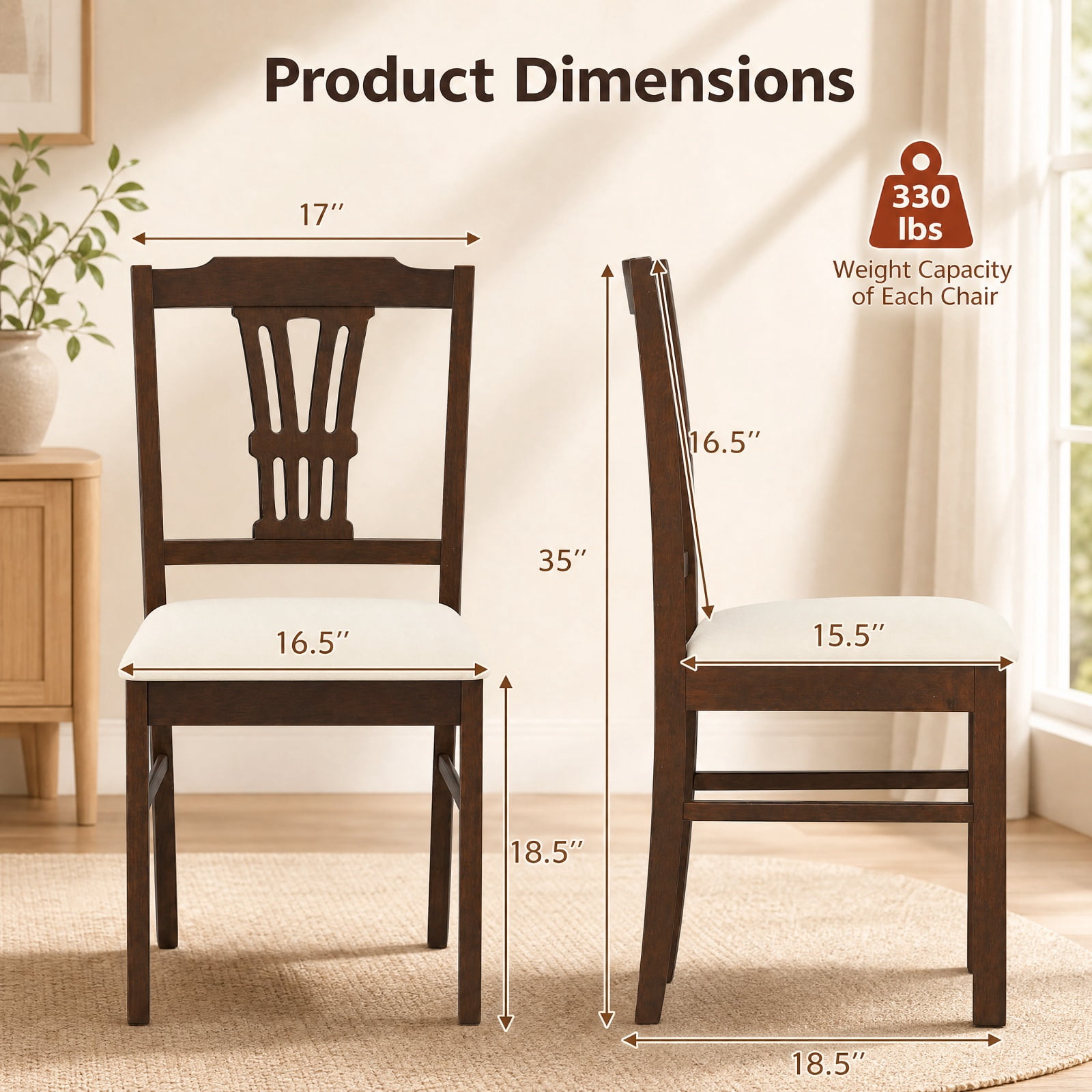 Furnibear Upholstered Dining Chairs Set of 2 Kitchen Chairs with Solid Rubber Wood Frame and Padded Seat for Dining Room, Beige