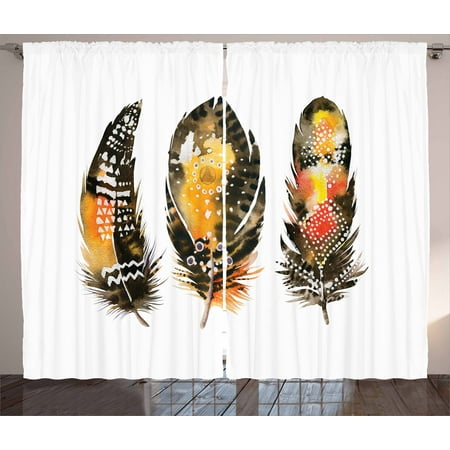 Feather Curtains 2 Panels Set Hand Drawn Bohemian Style Quills