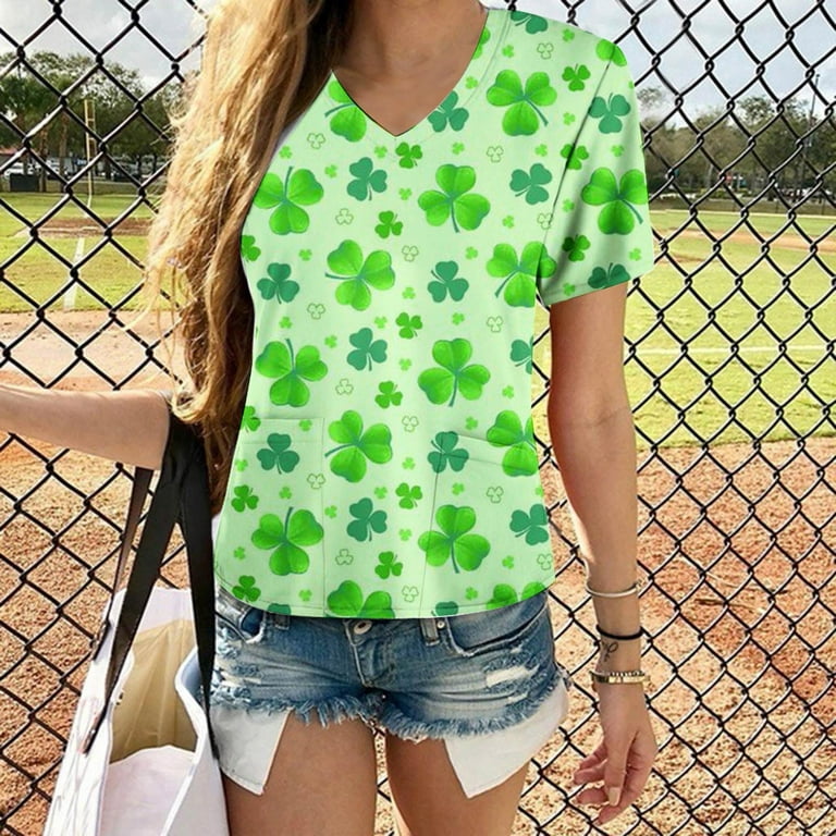 RYRJJ Womens St Patrick's Day Clovers Lucky T-Shirt Summer Funny Graphic  Tees Shirts Short Sleeve V-Neck Holiday Tops(Mint Green,L)