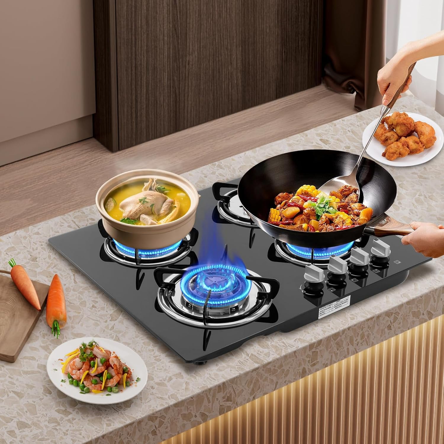 Gas Cook-top Gas Stoves,4-Burners Built-in Countertop Gas Stove NG/LPG Gas Hob Kitchen Cooker Built-In Cook Stove Tempered Glass Electronic Ignition Stove