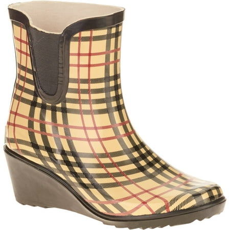 Plaid Rubber Rain Boots - Forever Young Women's Short Wedge Printed Plaid Rain Boot