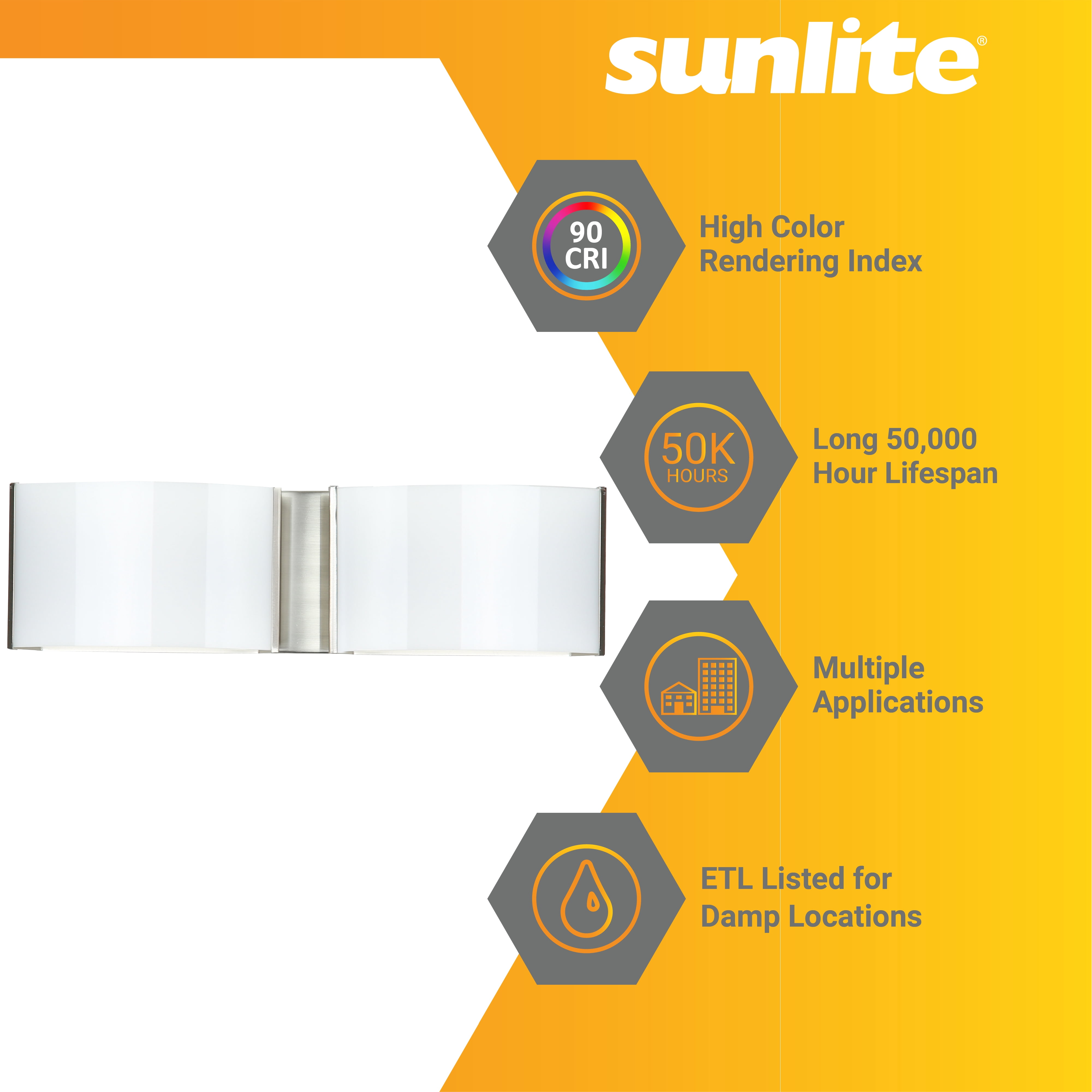 Sunlite 82112 LED Decorative Vanity Light Fixture, 20 Watts, 1300 Lumens, Color Selectable 30K/40K/50K, 2 Lights, Dimmable, 90 CRI, ETL Listed, Brushed Nickel, for Bathroom, Powder Rooms, and Hotels