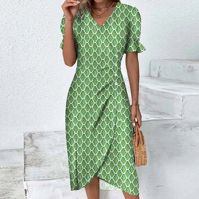 zanvin Robe Femme, Robe d'Été Imprimée Ourlet Irrégulier Col en V Manches Courtes Boutonnée, Vert, TG