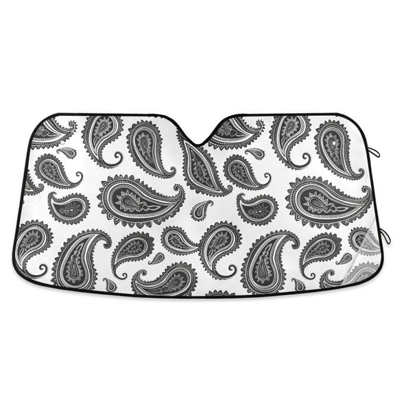 Black and White Paisley Car Windshield Sun Shade Foldable Car Front Window Visor Heat and UV Protection 53x23.5