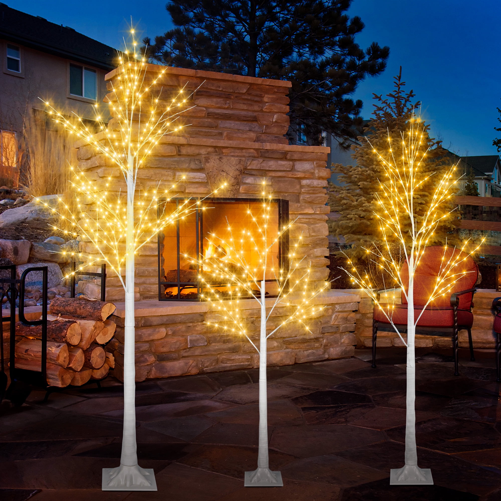 Prelit Christmas Trees Set of 3, Lighted Birch Tree with Warm Lights