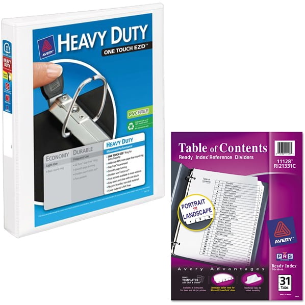 Avery 1" Heavy Duty Clear Cover Binder, White and Avery Ready Index Customizable Table of Contents Black & White Dividers, 31-Tab, Ltr Bundle
