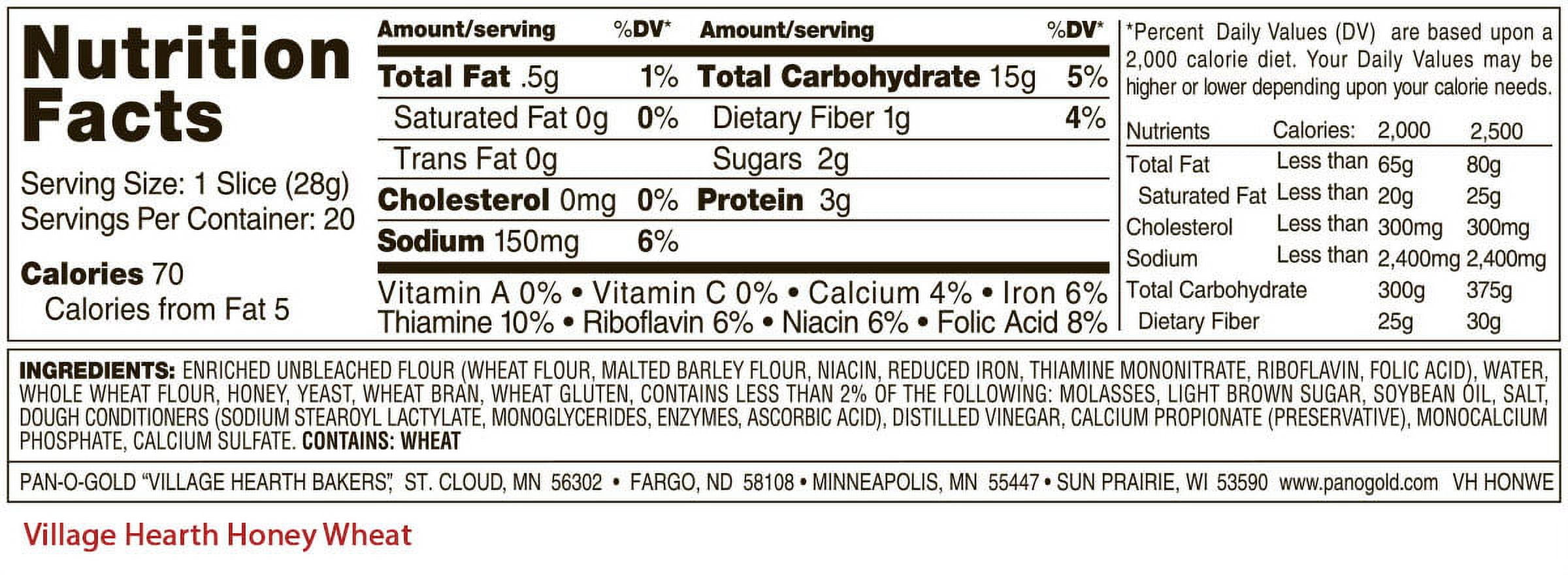 Village Hearth Honey Wheat Bread Loaf, 20 oz, 20 Count