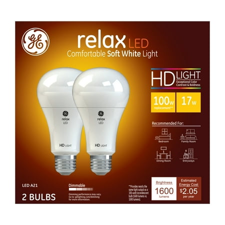 

GE Relax HD Soft White 100W Replacement LED General Purpose A19 Light Bulbs 2 Pack